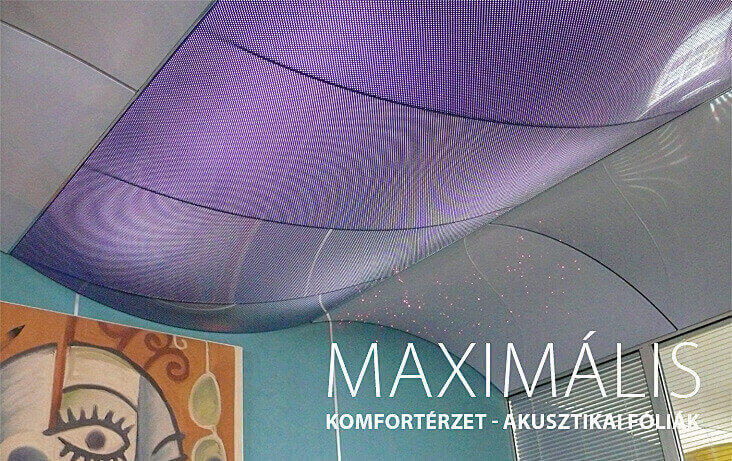 Akusztikai fólia. 3D feszített akusztikai fólia a Barrisol oktatótermében.