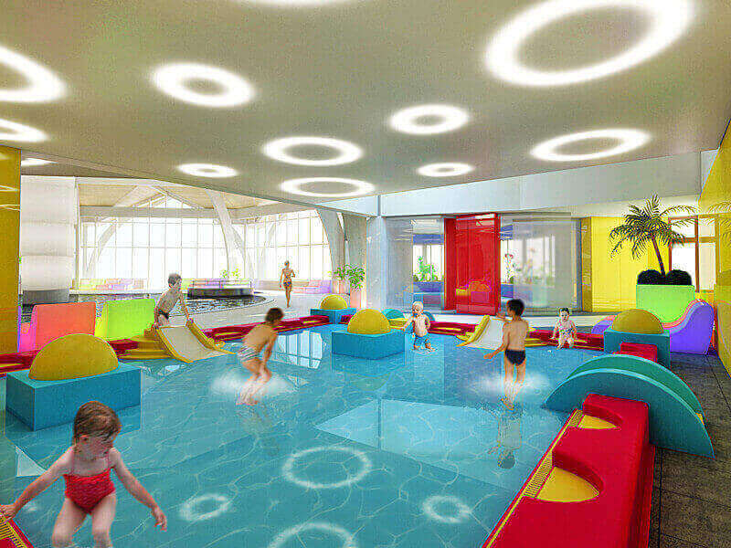 Gyermekmedence Barrisol fóliás fedéssel. Gyermekmedence Barrisol fóliás fedéssel. Koncepció rajz, mely alapján a kiviteli tervek készültek a Kolping Hotel SPA felújításához.