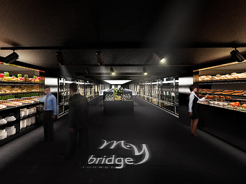 Bridge bár bejárat és a világító logo. Mercure Budapest Korona Hotel, Bridge bár. Kontrasztos megjelenés, mely a szolgáltatásokra összpontosít a kiemelő világítással.